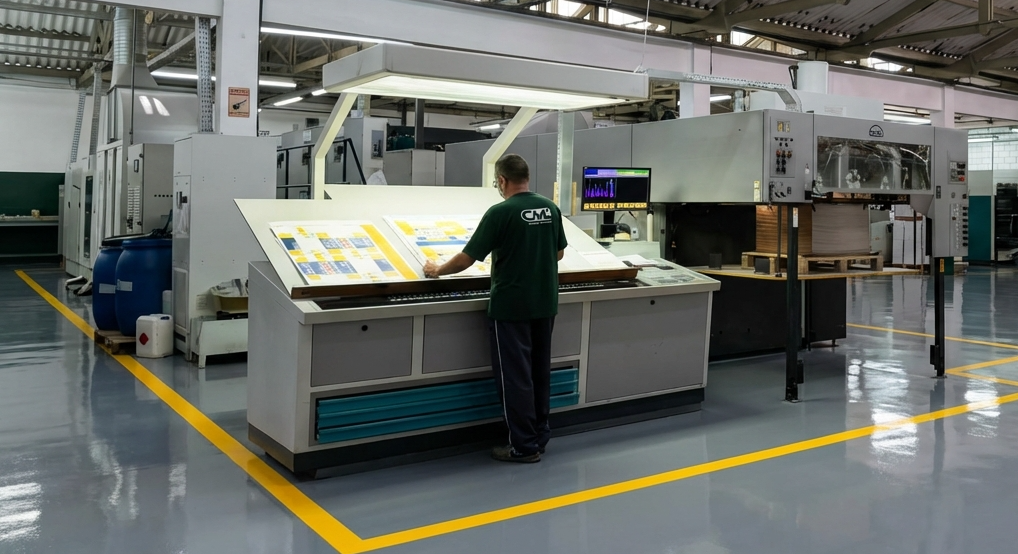 Operador trabalhando na prensa offset MAN Roland — Montese Embalagens